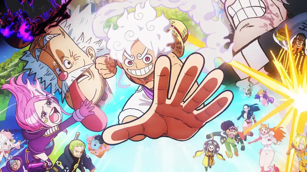 Capa do anime One Piece - Luffy Gear 5 e seus amigos