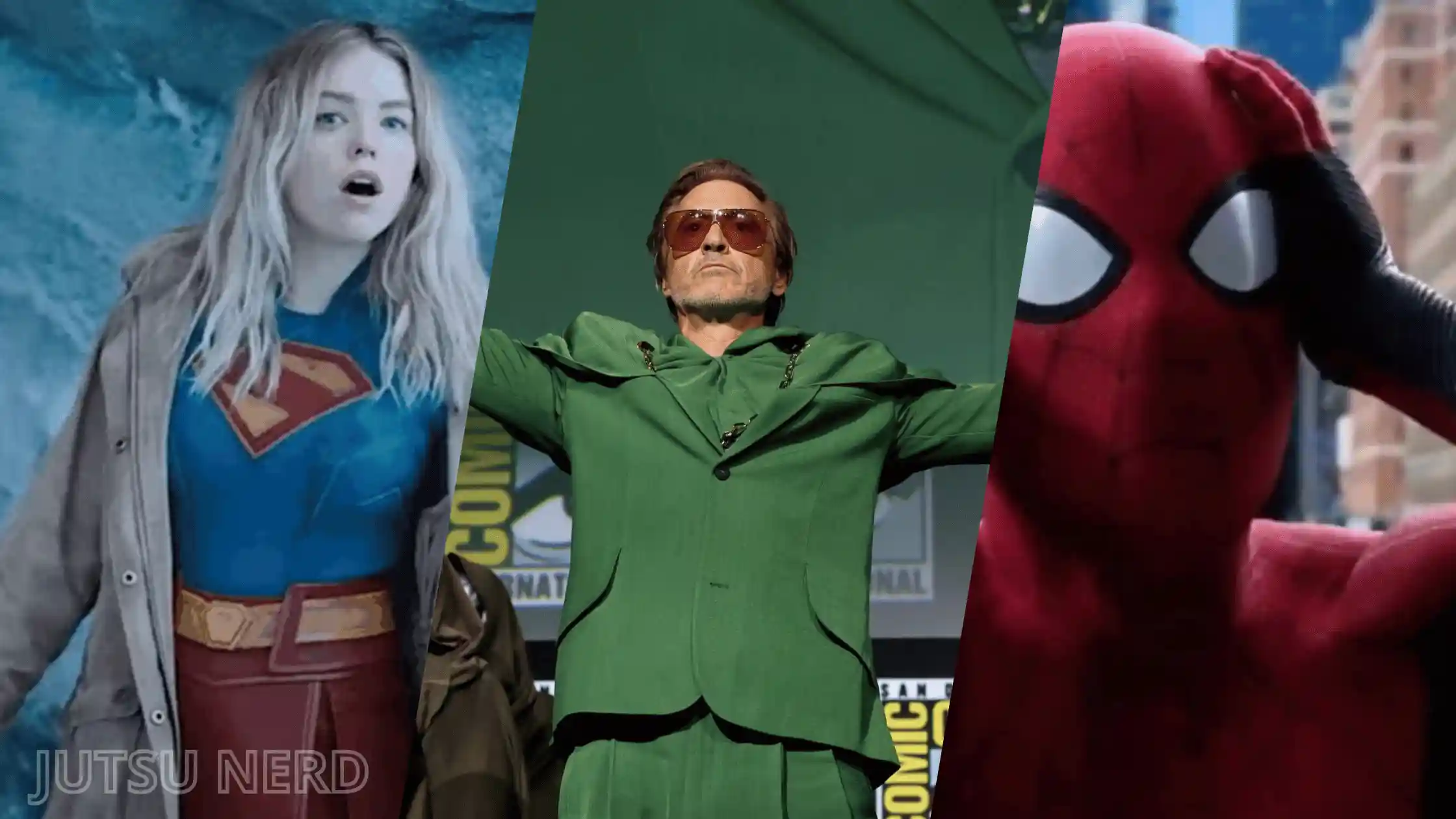 Banner com os personagens Supergirl, Doutor Destino e Homem Aranha